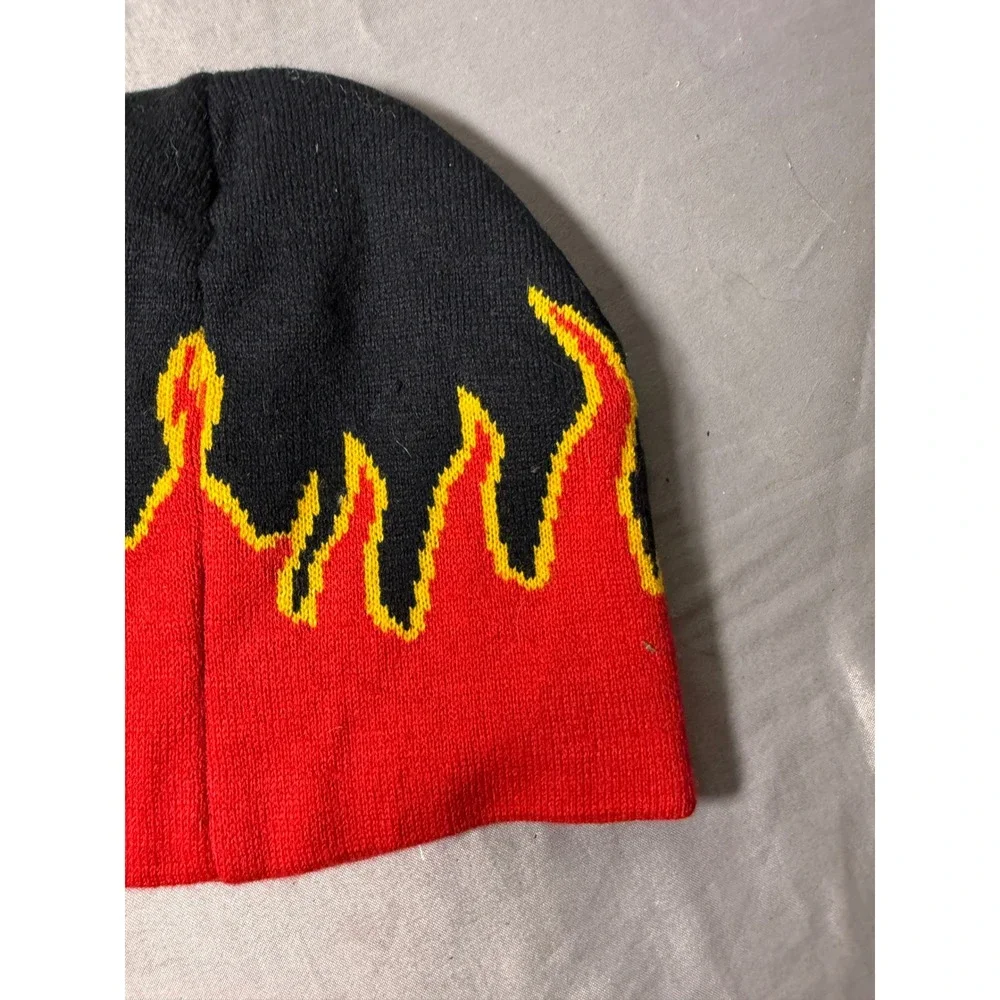Adler Hot Oil Flame Knit Beanie Hat Black Red Yellow Embroidered Logo One Size